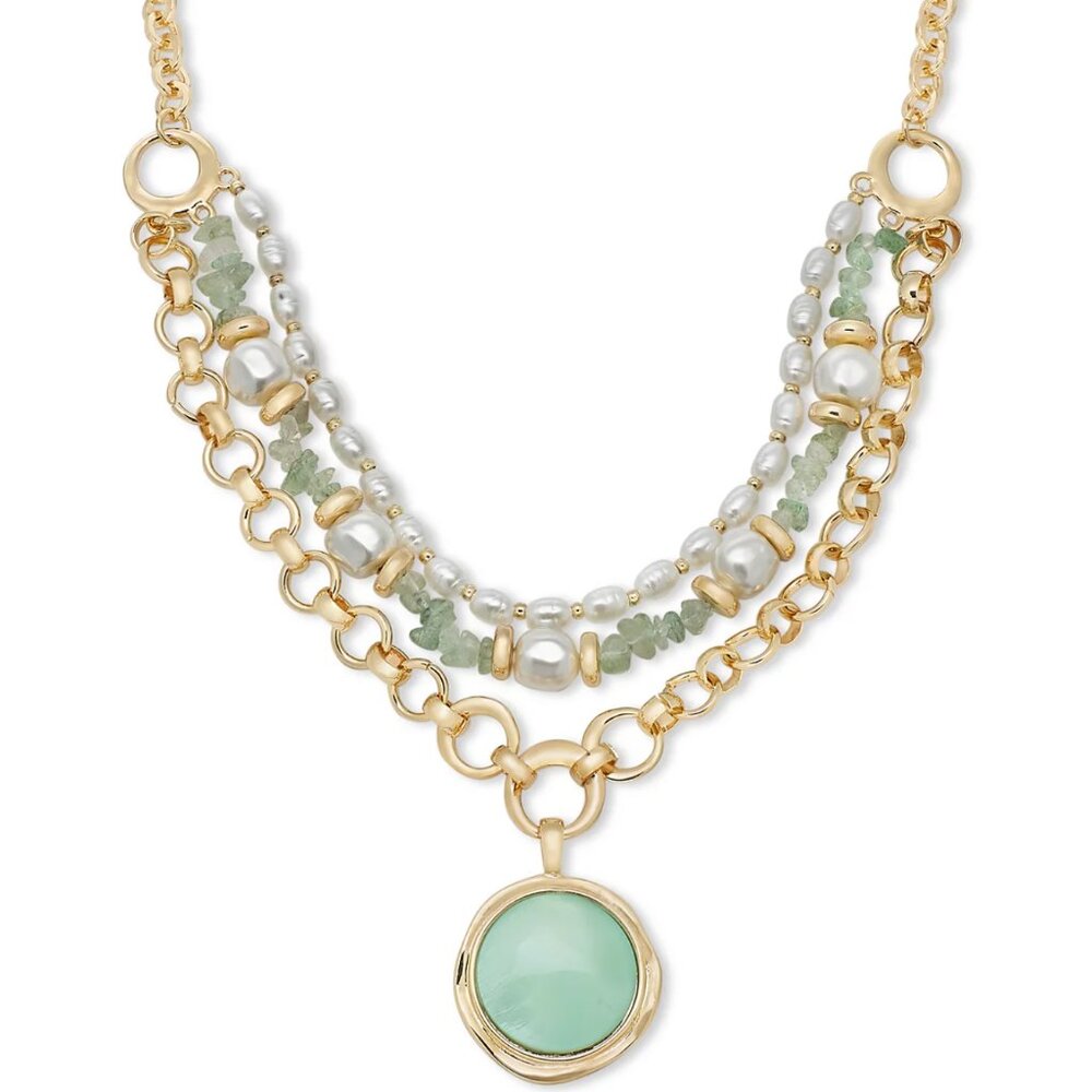 Gold-Tone Multi-Row Necklace beaded Pendant Green/ turquoise and Gold